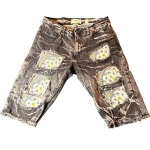 FWRD Denim Black Wash‎ Distressed Jean Shorts Floral Patches Kids Size 14